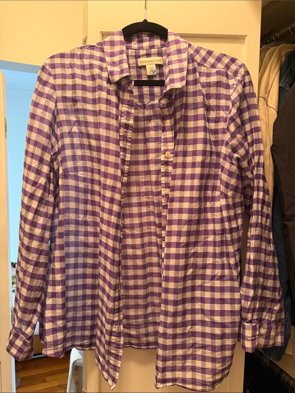 Coldwater Creek Cotton and Silk Purple and White Gingham Button-Down Shirt
